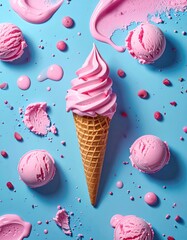 Pink ice cream cone and scoops on blue