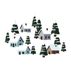 A charming illustration of a snowy village with houses and evergreen trees.