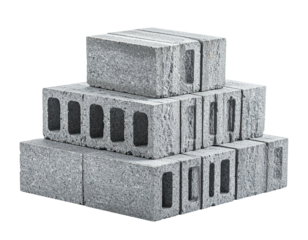 Grey concrete blocks stacked in a pyramid shape against a black background