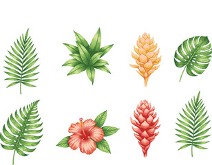 Naklejka premium Collection of watercolor tropical leaves and flowers in vibrant green and orange hues