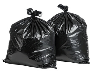 Two shiny, black plastic bags, filled and tied closed, isolated on white