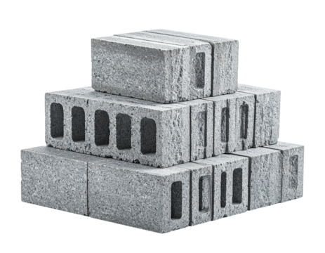 Grey concrete blocks stacked in a pyramid shape against a black background