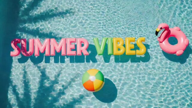 Inflatable 'SUMMER VIBES' letters float in a bright blue swimming pool with a flamingo and beach ball.