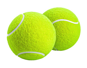Two bright yellow tennis balls, close-up, fuzzy texture, white felt seams, black background