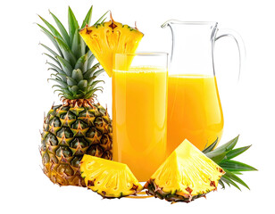 Freshly squeezed tropical juice, whole and sliced fruit next to a pitcher and a tall glass