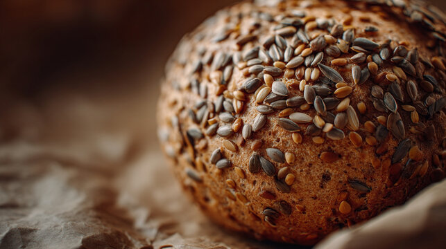 Close up of a seeded bread roll on a wrinkled brown paper surface in soft light
