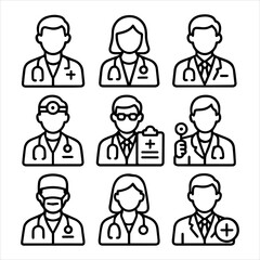 Set of medical professional line icons showing doctors, nurses, and physicians. Vector collection of healthcare worker avatars for clinical use icon 10 november32.eps