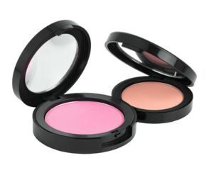 Two compact makeup blush cases, one pink, one peach, open, on a black background