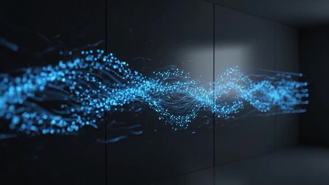 Blue lines and dots streak across a dark wall in an angular room