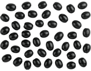 Close-up shot of a scattering of dark, glossy black olives against a black backdrop