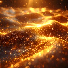 Abstract golden wave with sparkling particles, illuminated by celestial light