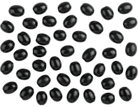 Close-up shot of a scattering of dark, glossy black olives against a black backdrop