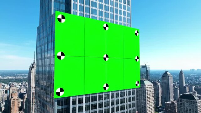 New York City Skyscraper with green screen on side of a in tracking markers 3d render distortion, overlay, glitch, static noise, scan lines black background, 4k animated video loop