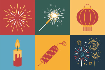 Colored outline vector icons for Chinese New Year fireworks, illustrating firecracker, candle, lantern, and spark symbols.