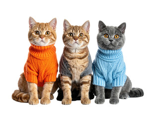 Three cats wearing colorful sweaters, seated, looking directly at the viewer