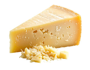 A wedge of hard cheese with shavings, isolated on a black background