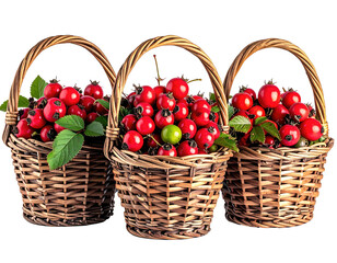 Three wicker baskets brimming with vibrant red berries and green foliage