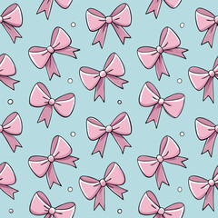 Pink Cartoon Bows on Light Blue Background – Seamless Decorative Pattern