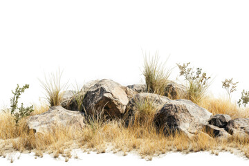 Dry savanna grass and rocks isolated on black background arid landscape image