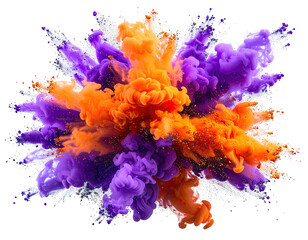 Vibrant burst of orange and purple colored smoke against a stark black background
