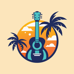 Retro Beach Sunset with Palm Tree and Guitar Illustration