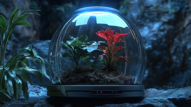 A unique, self-contained terrarium holding a single, pulsating alien flora, custom life-support system glowing, under quarantine observation