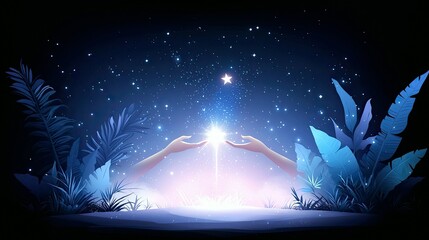 Two hands reaching upwards towards a bright, glowing star in a dark, starry night sky, surrounded by lush, luminous foliage.