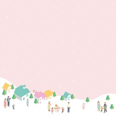 Isometric Winter Town and Family Illustration Background - Copy Space