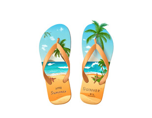 Artistic flip-flops displaying a beach scene, capturing summer with palms