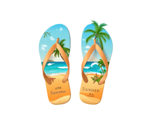 Artistic flip-flops displaying a beach scene, capturing summer with palms