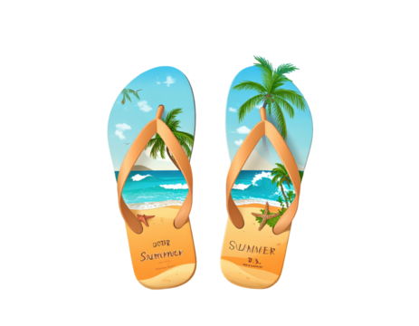 Artistic flip-flops displaying a beach scene, capturing summer with palms