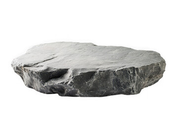 Flat grey slate rock podium surface isolated on black background stone display image