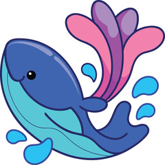 Adorable blue whale character spouting vibrant water vector icon