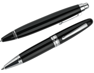 Two luxury writing instruments, sleek black barrels with silver accents, on black
