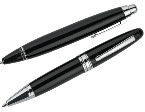 Two luxury writing instruments, sleek black barrels with silver accents, on black