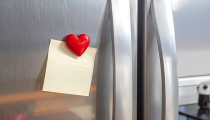 Heart magnet and blank sticky note on a stainless steel refrigerator door
