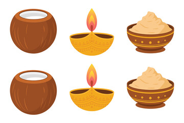 Flat vector icon set for Hindu devotion food, featuring coconut, oil lamp, banana, and offering bowl.