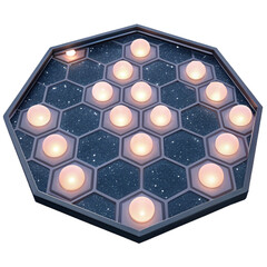 Illuminated glowing spheres arranged in hexagonal grid with starry backdrop, perfect for abstract tech or sci fi concepts