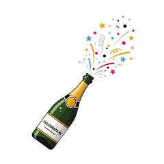 A champagne bottle erupts, expelling colorful confetti and streamers into the air, celebrating.