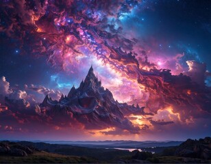 Dramatic mountain range beneath a vibrant, swirling celestial display