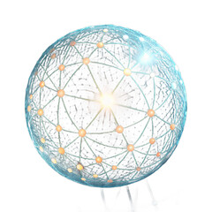 Dynamic glowing global network sphere with interconnected nodes and bright central light, representing digital connection and data flow