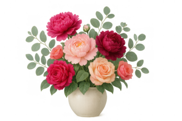 Floral bouquet featuring vibrant pink and red peonies with peach roses and eucalyptus leaves in a cream vase, transparent background