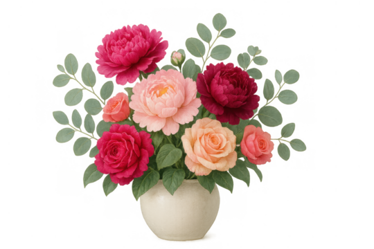 Floral bouquet featuring vibrant pink and red peonies with peach roses and eucalyptus leaves in a cream vase, transparent background - Powered by Adobe