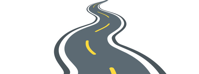 Naklejka premium Winding highway with curve perspective showing asphalt path on white backdrop. Vector illustration features grey pavement with yellow lane markings, white border lines. Graphic icon for journey