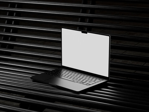 Black Laptop Screen Mockup 3D Rendering On Dark Metal Grates