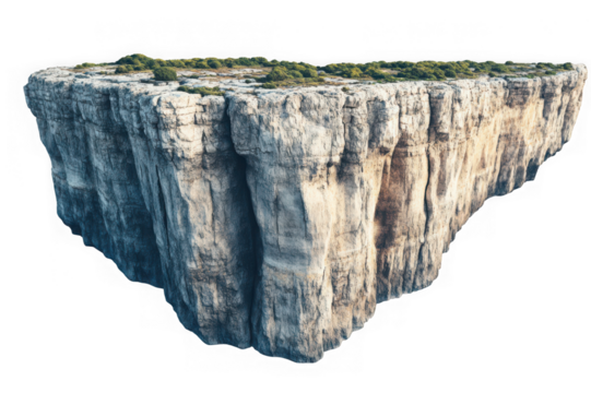 Isolated floating island cliff with green vegetation on top and rugged texture rock stone