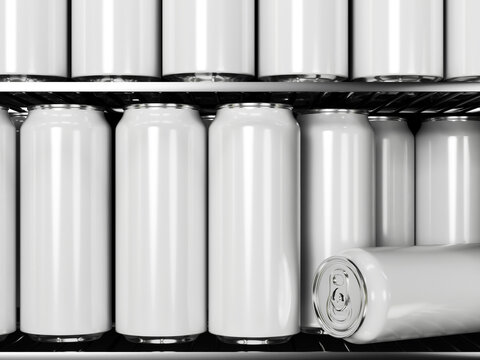 Row Of Blank Metal Drink Cans Mockup 3D Rendering Lined Up On Refrigerator Shelves
