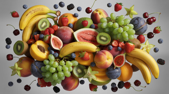 A vibrant and colorful assortment of fresh, ripe fruits including bananas, grapes, berries, peaches, and kiwi, artfully arranged on a light background.