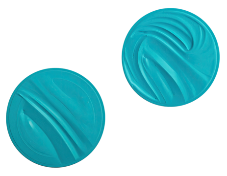 Two turquoise circular objects with curved grooves and a black background