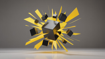 Abstract 3D rendering of black cubes with yellow shards on gray background.